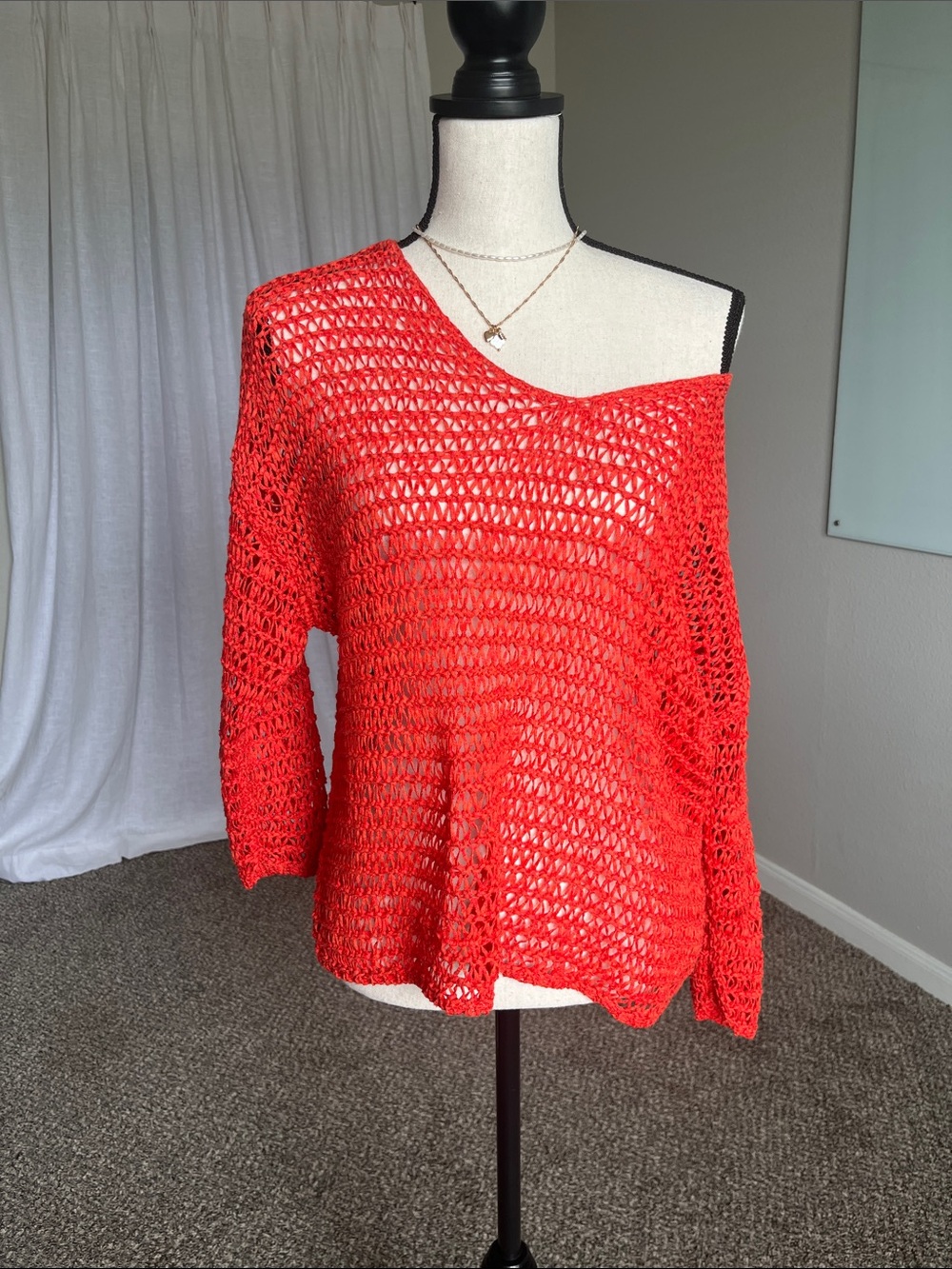 Chicos Red Open Knit Cover Up Sweater Relaxed Slouchy Beach Top Size 1 M L XL